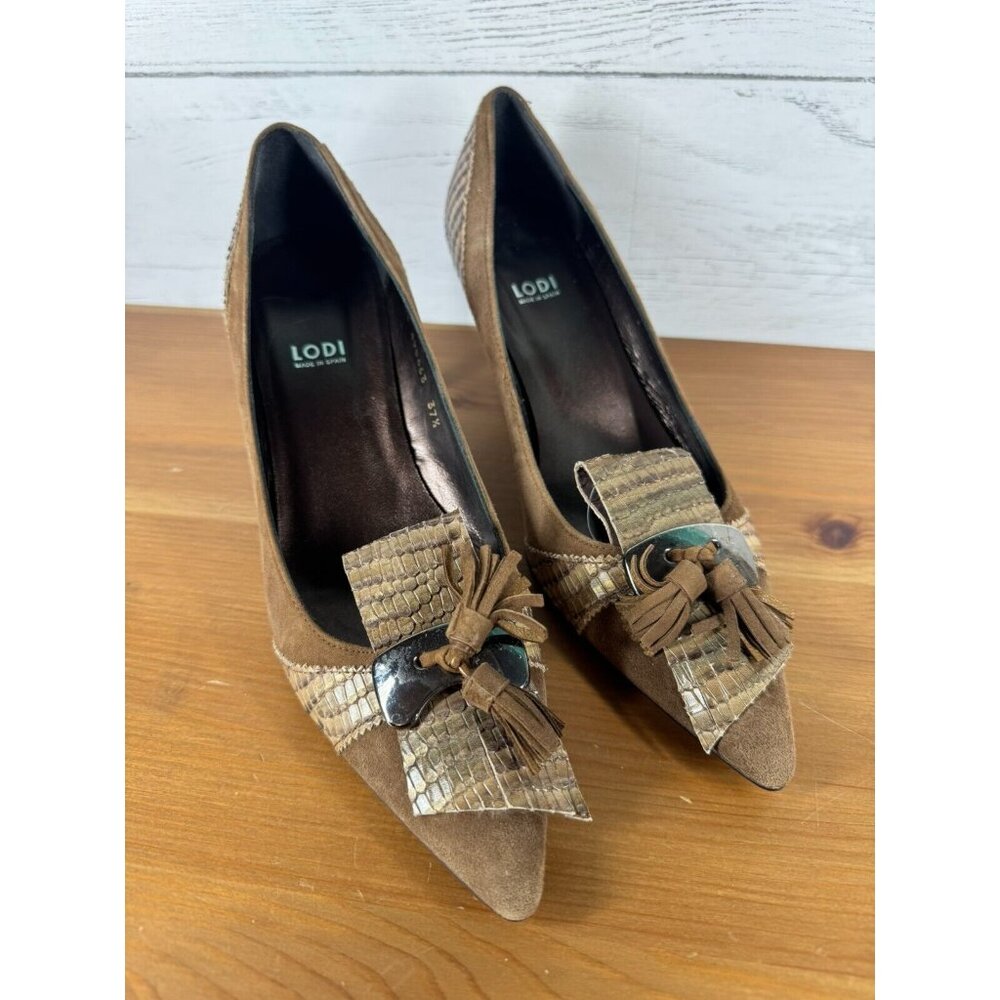 Lodi Made in Spain Suede Snakeskin Effect Tassles Heels Ladies Sz 37.5 US 7